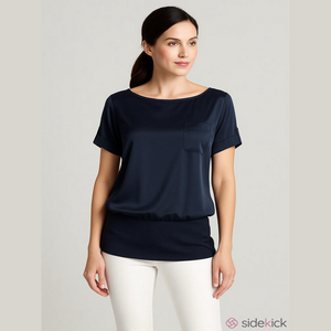 Ann Taylor Satin Roll Tab Short Sleeve Elastic Waist Tunic Navy Top Size 4